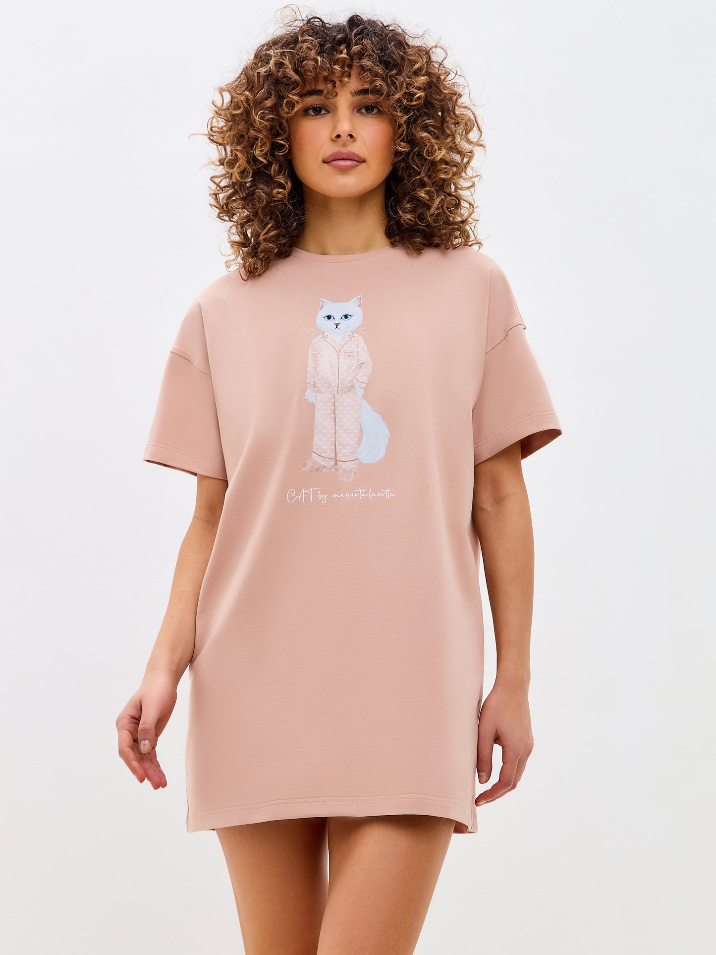 Beige Printed oversized T-shirt PAJAMAS CAT