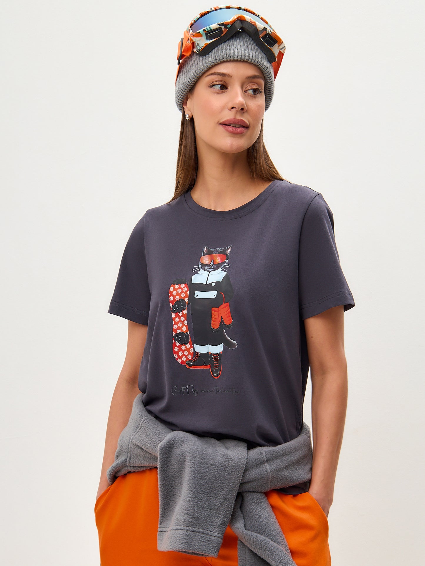 Grey Printed T-shirt SNOWBOARD CAT - XS / Grey / Regular - T-shirt