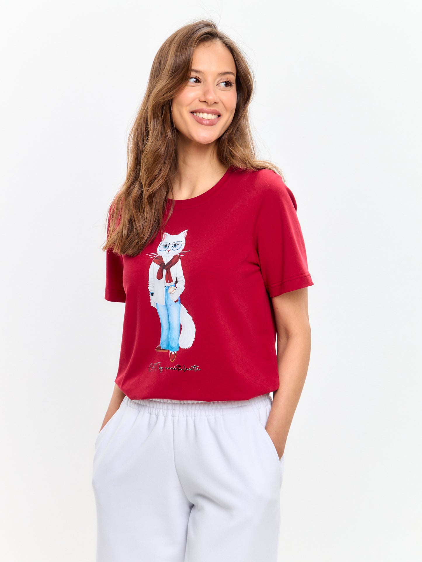 Red Printed T-shirt COFFEE CAT