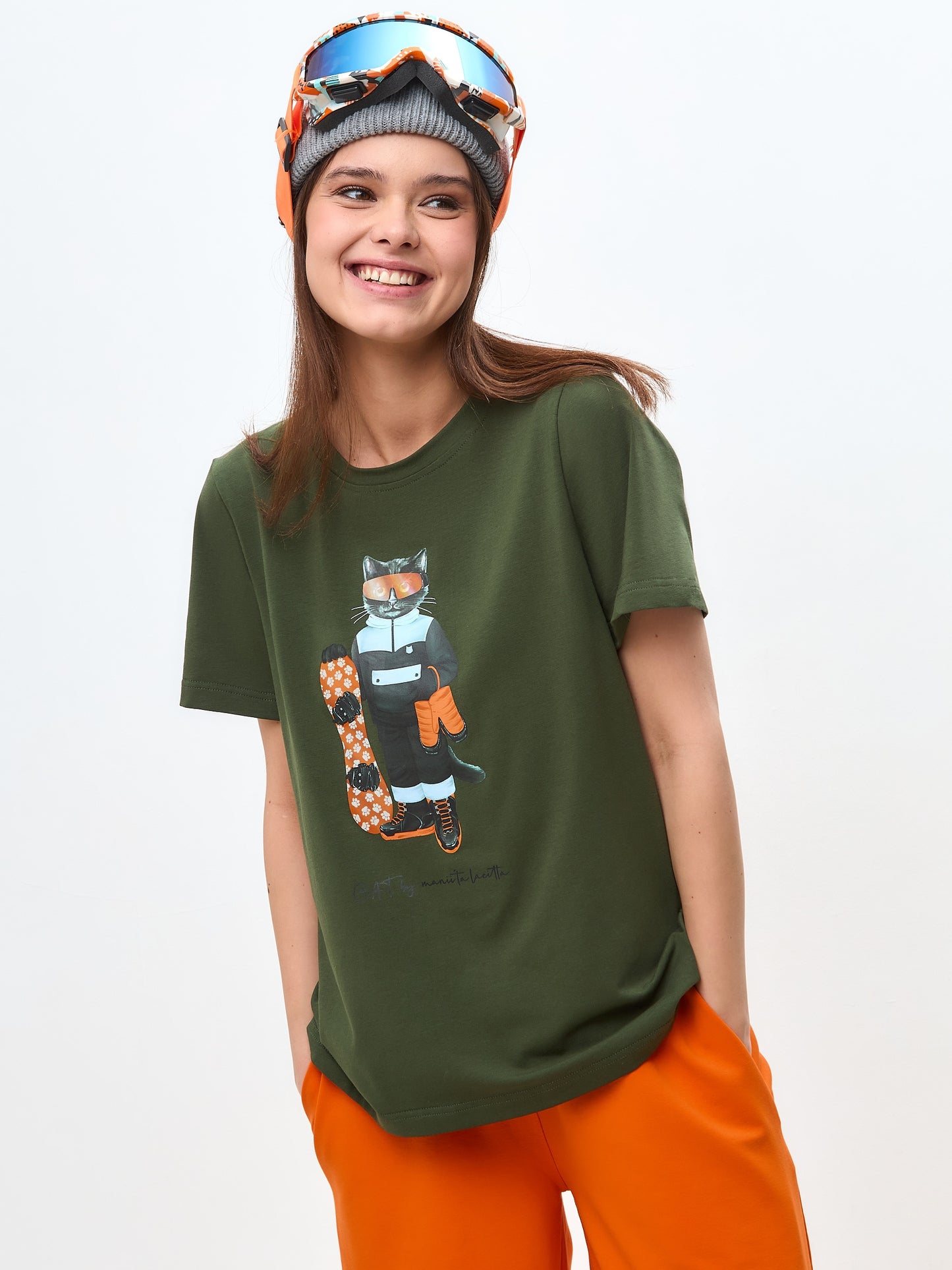 Khaki Printed T-shirt SNOWBOARD CAT