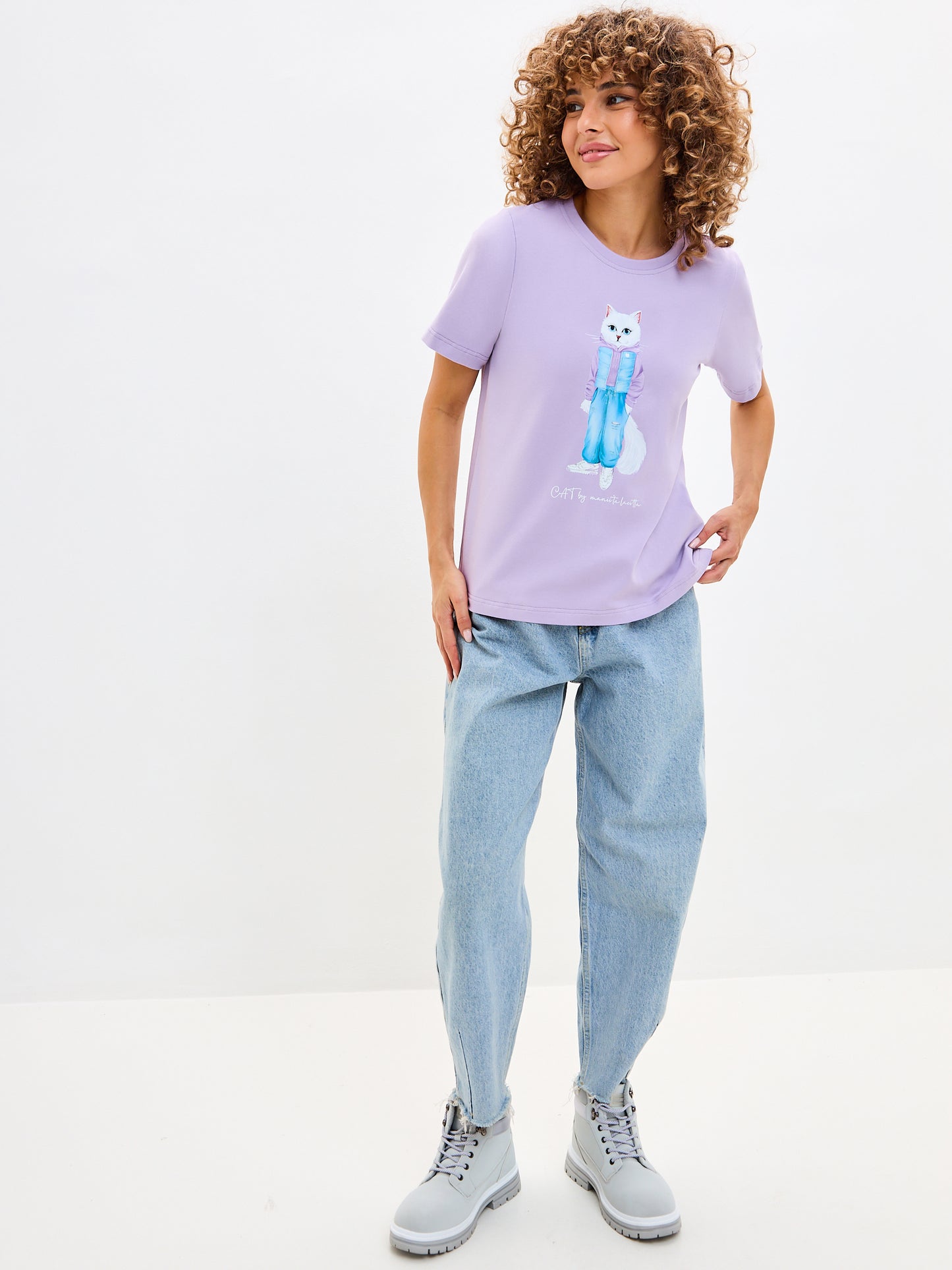 Purple Printed T-shirt WALKING CAT - T-shirt