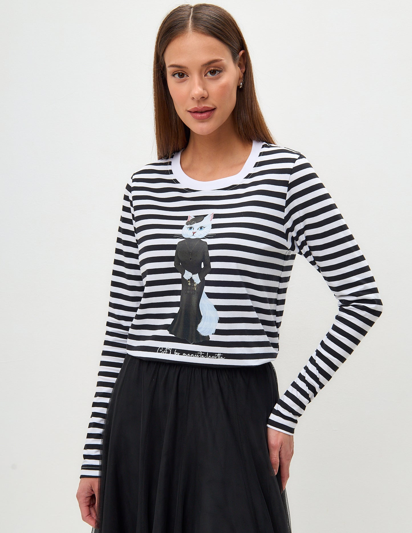 Set: women's long sleeve striped with white cat and black mesh skirt