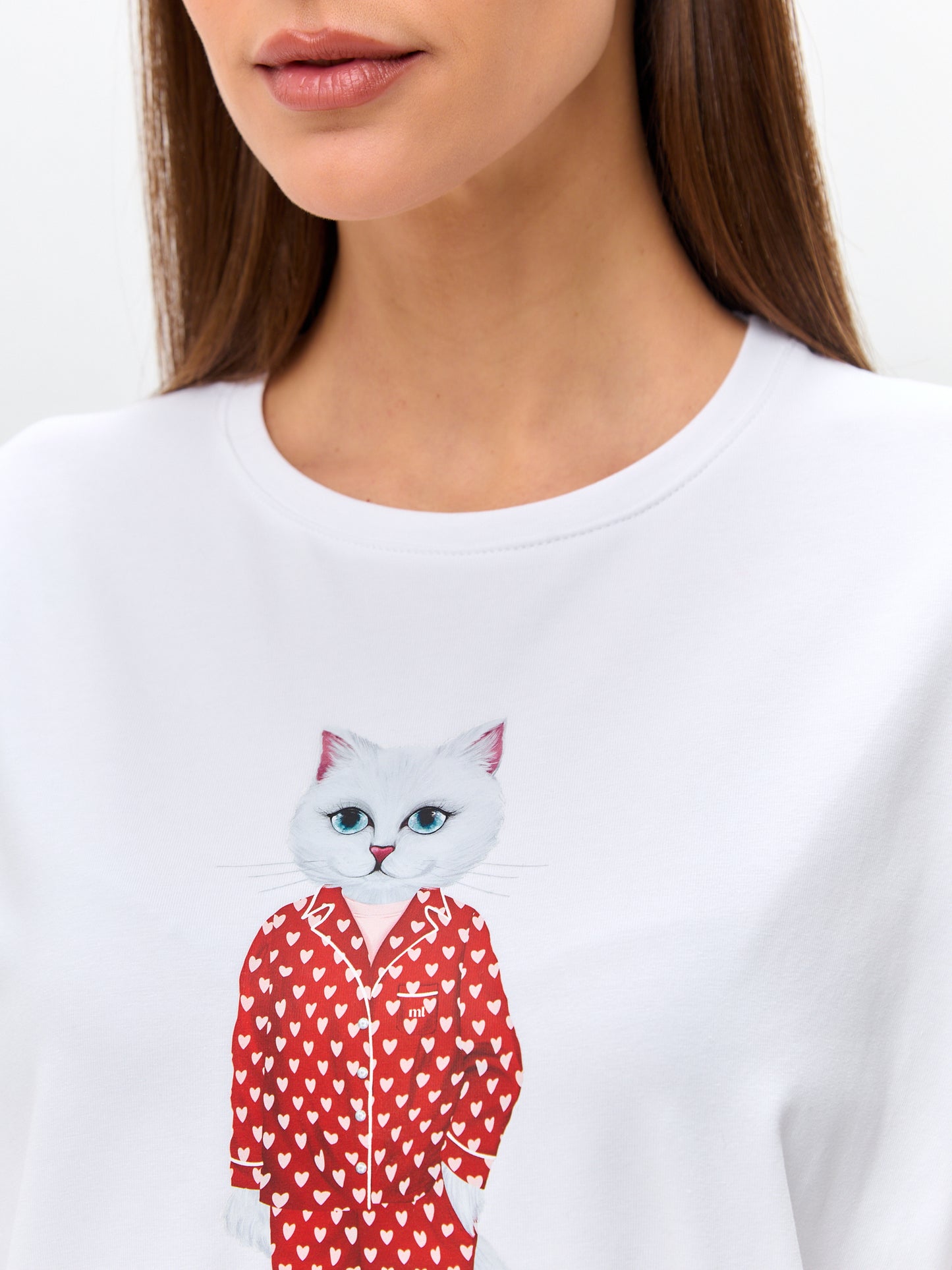 Weißes bedrucktes übergroßes T-Shirt PAJAMAS CAT