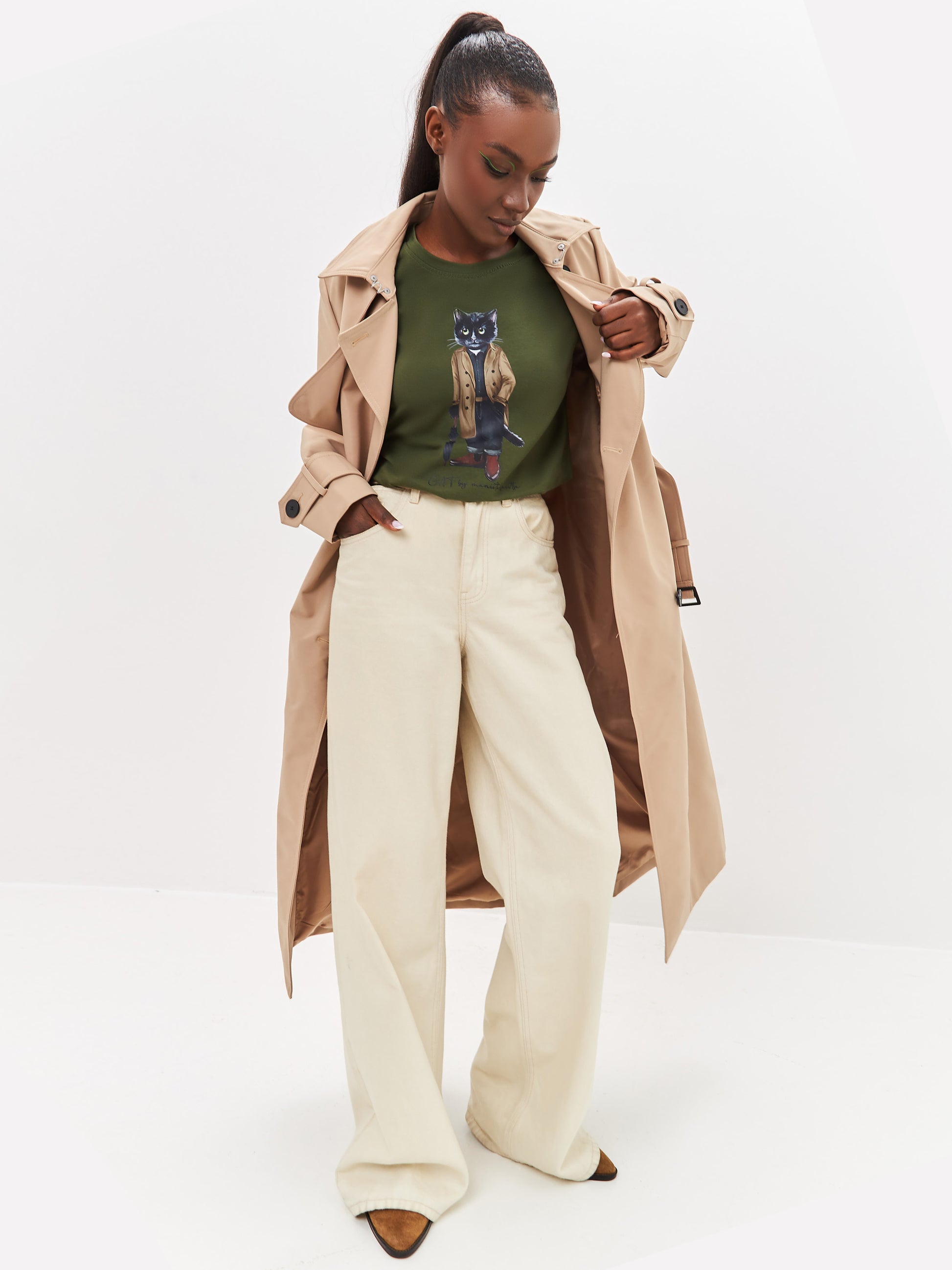 Khaki Printed T-shirt TRENCH COAT CAT - T-shirt