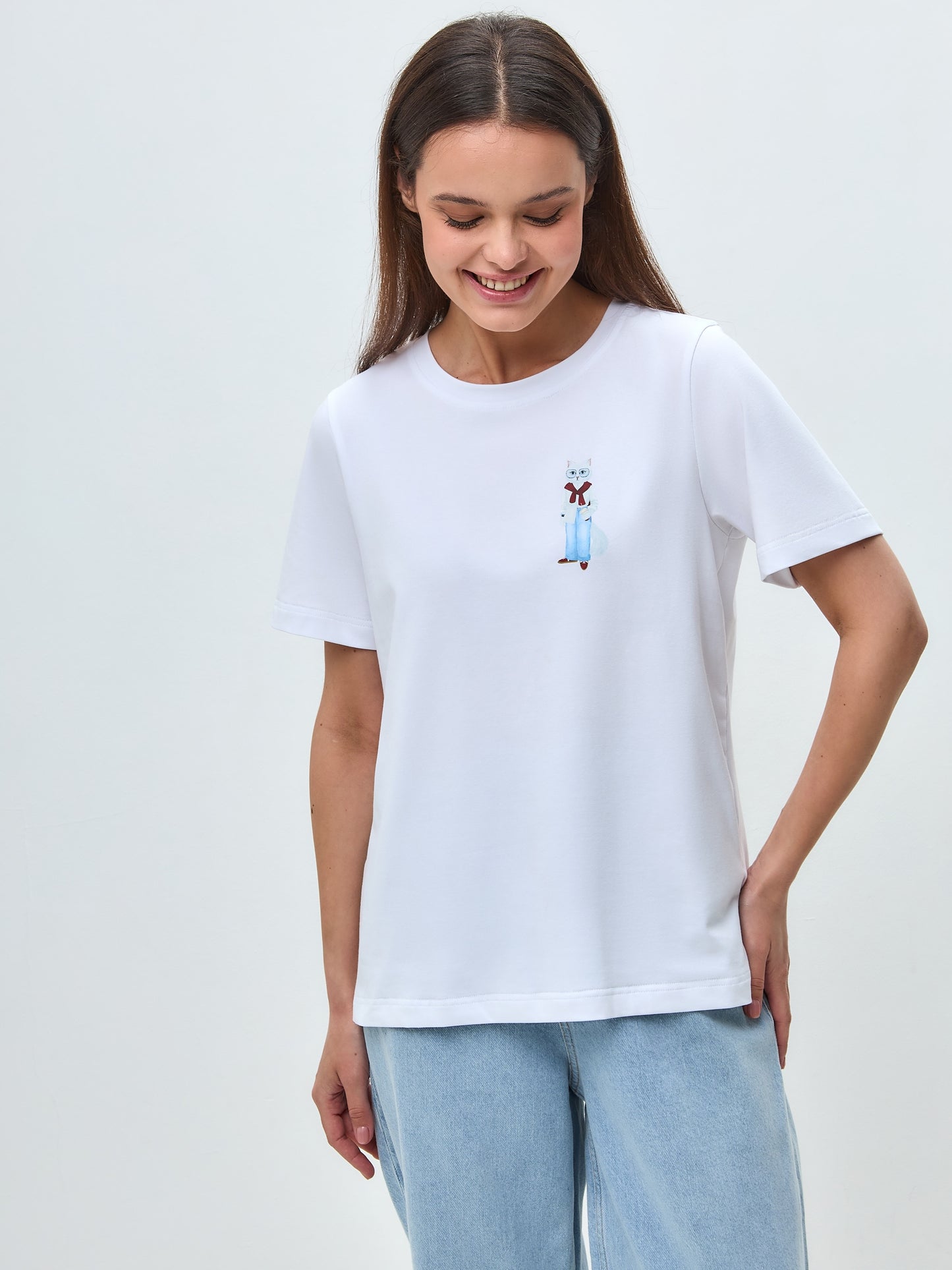 White Printed T-shirt COFFEE CAT