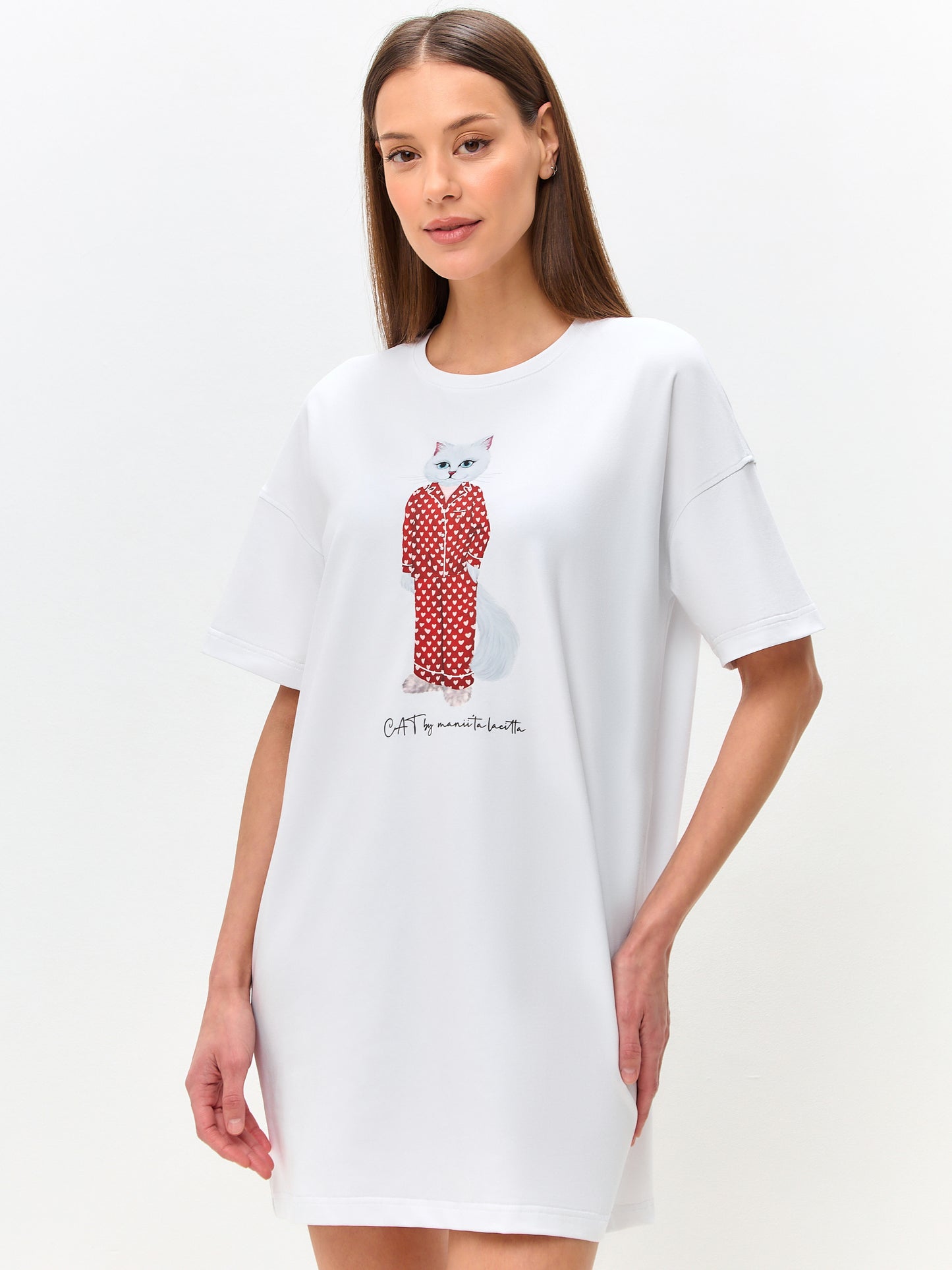 Weißes bedrucktes übergroßes T-Shirt PAJAMAS CAT