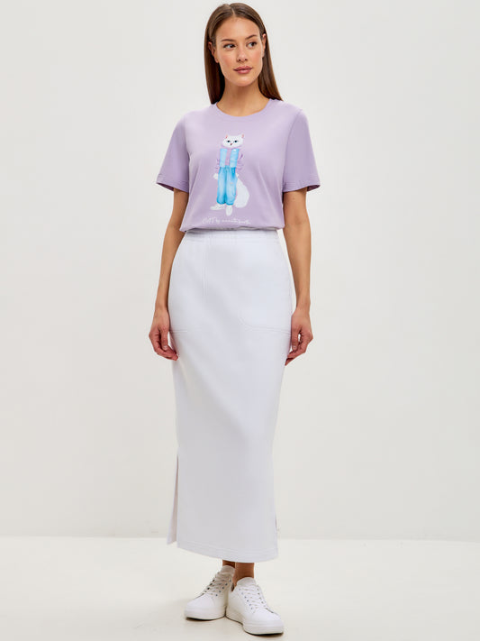 Set: women's purple T-shirt with a white sport-casual skirt