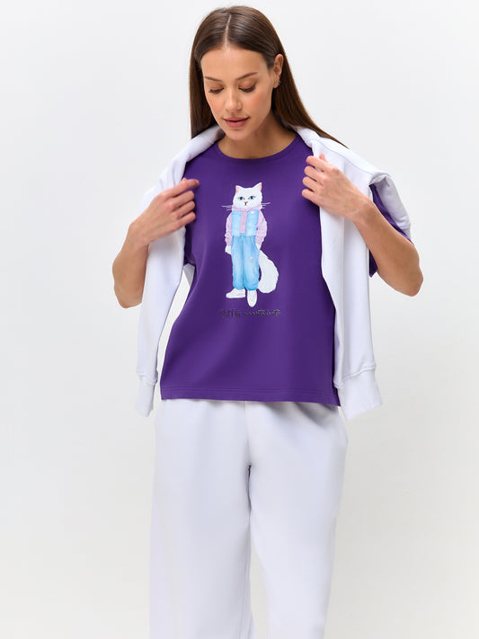 T-shirt imprimé violet WALKING CAT