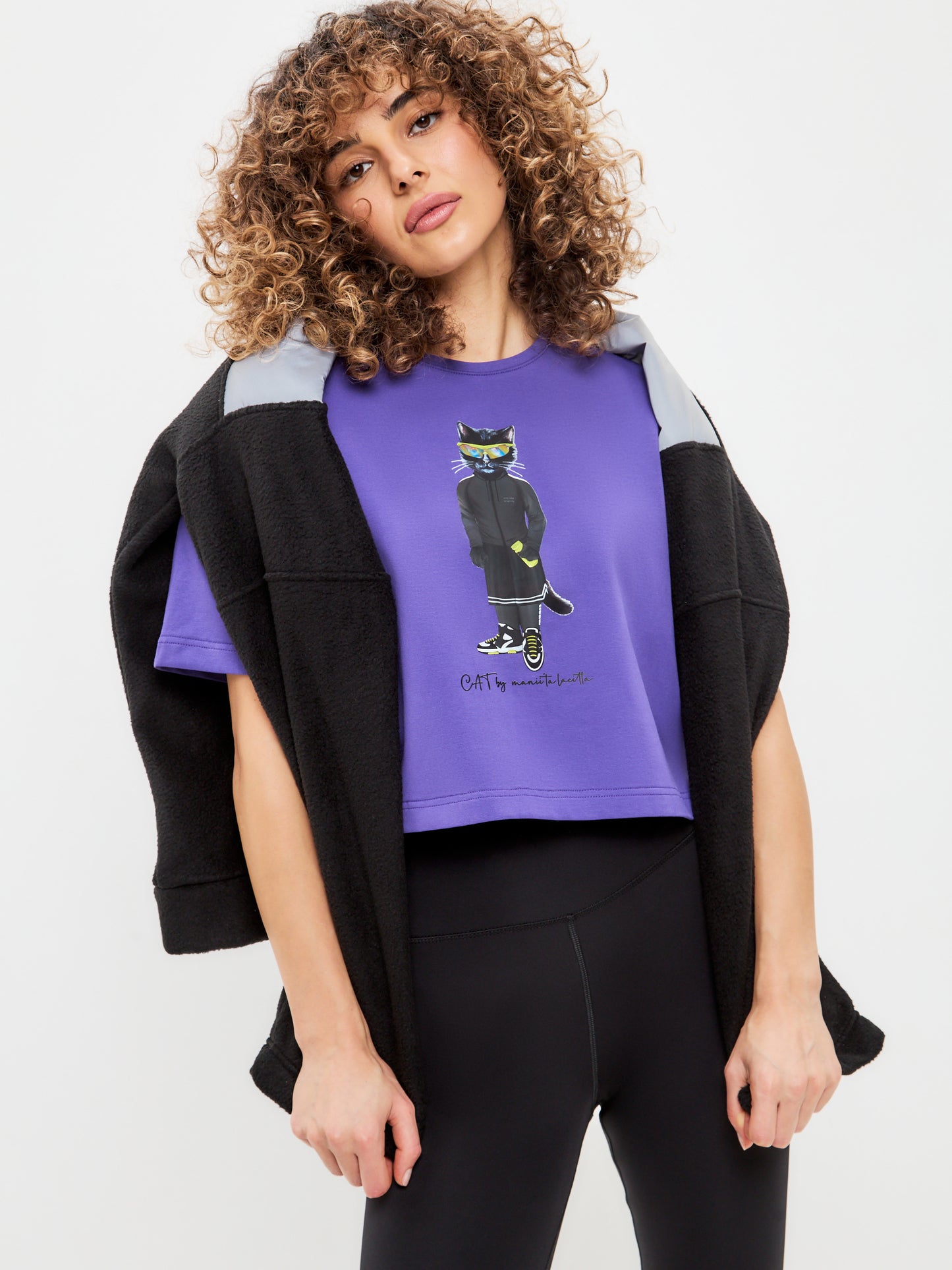 SPORT set: leggins and purple printed short oversized t-shirt with CAT