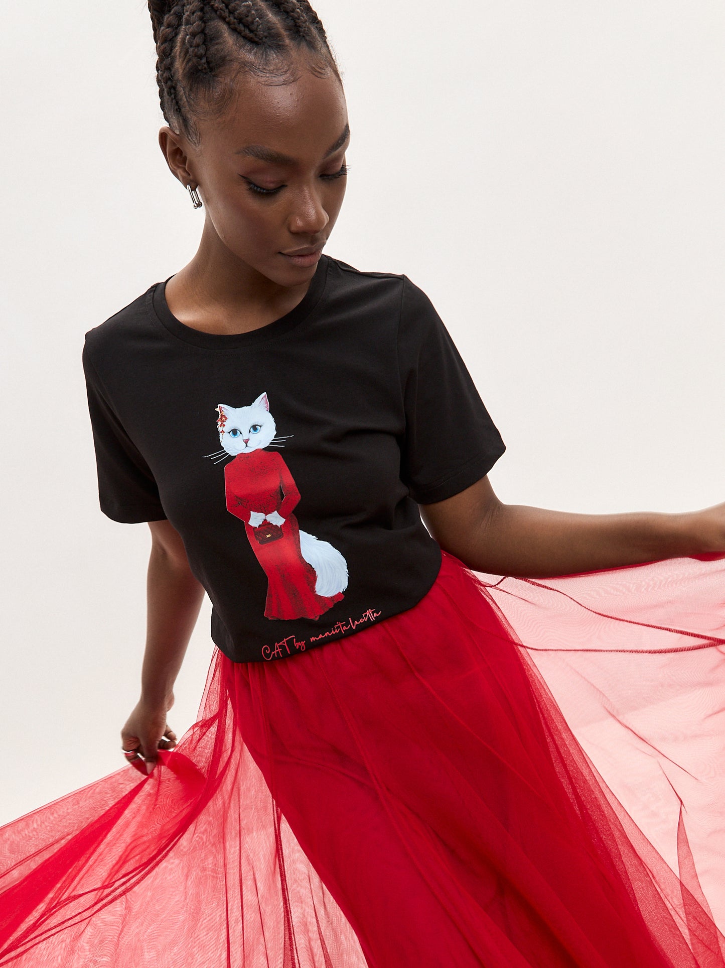 Black Printed T-shirt CAT IN RED - XS / Black / Regular - T-shirt