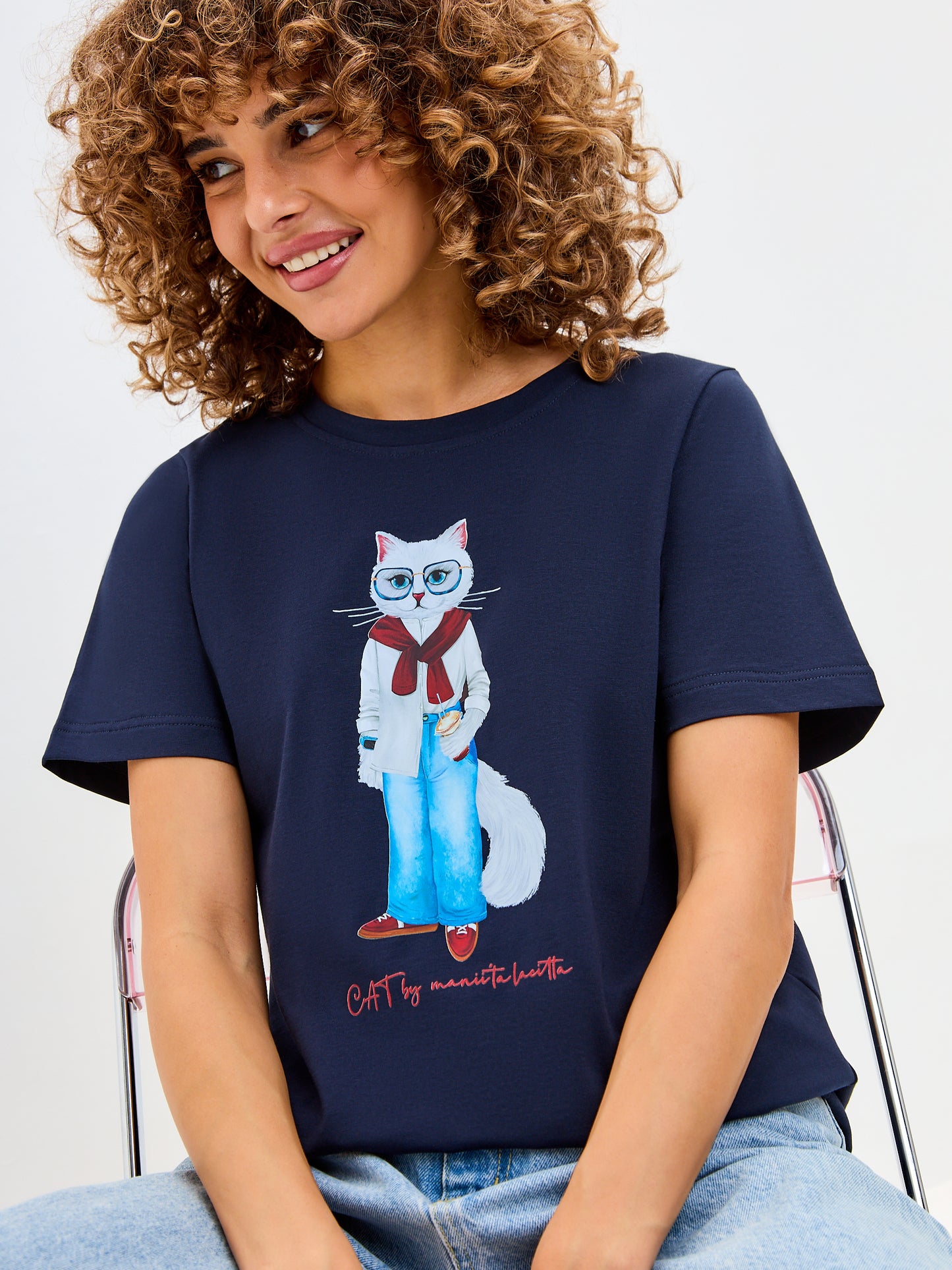 Blue Printed T-shirt COFFEE CAT