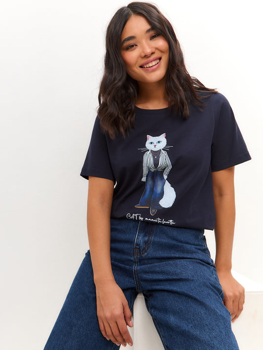 Blue Printed T-shirt COUNTRY WHITE CAT - XS / Blue / Regular - T-shirt