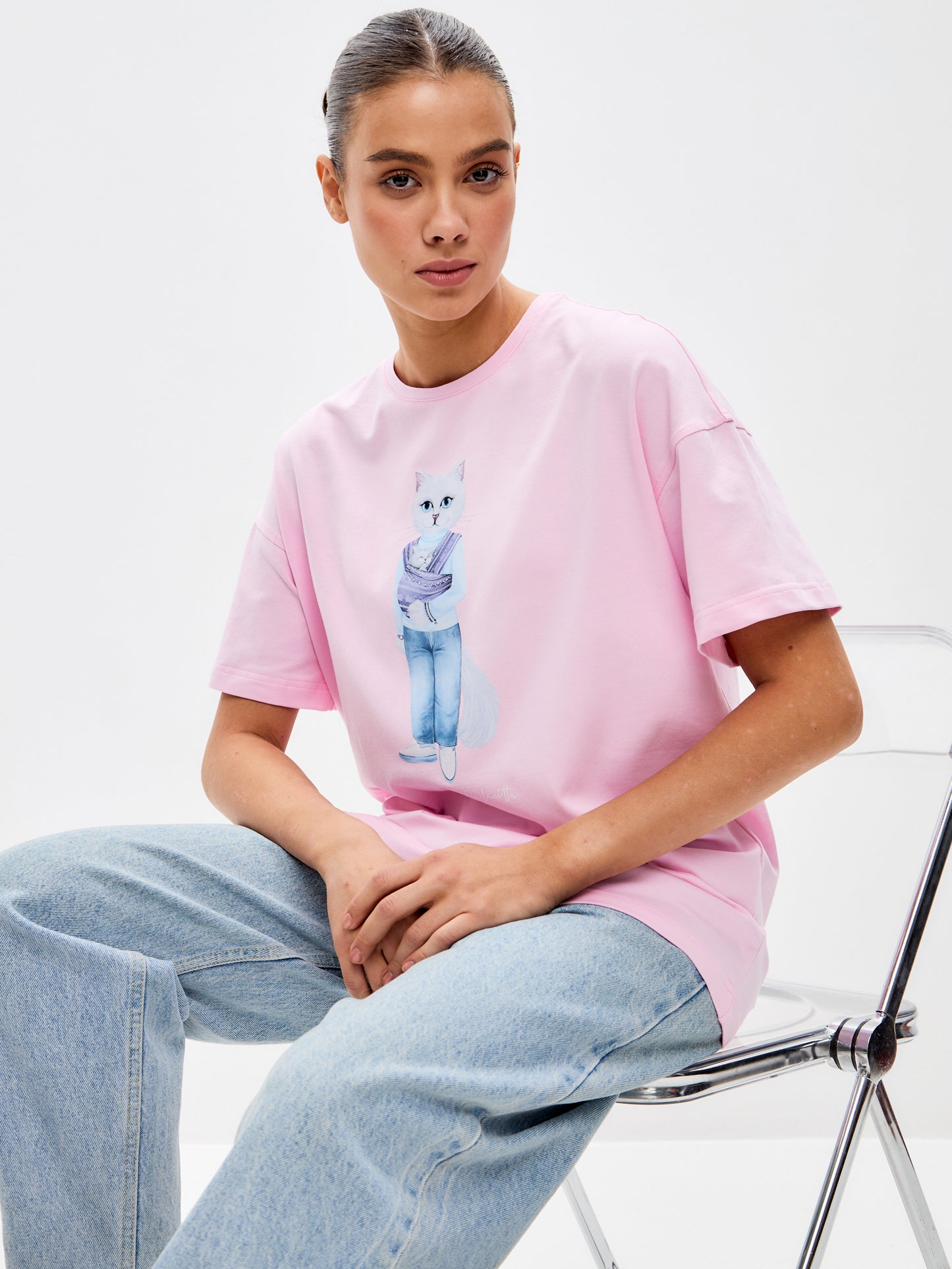 Pink Printed T-shirt MOTHER CAT - T-shirt