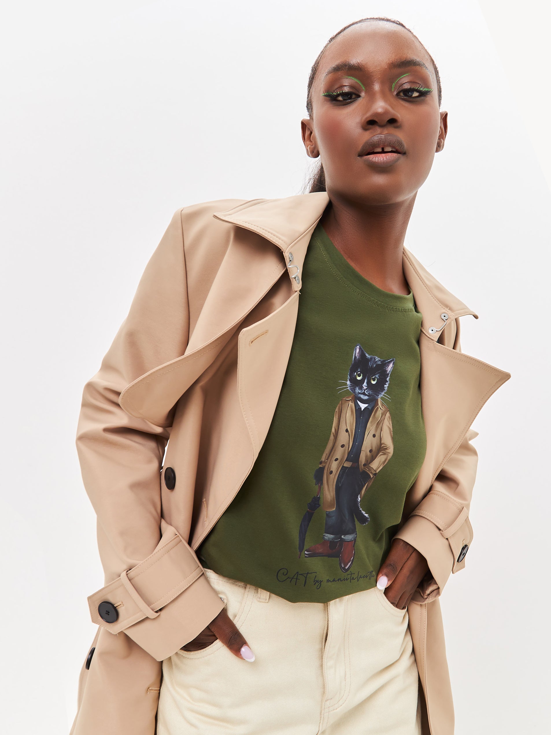 Khaki Printed T-shirt TRENCH COAT CAT - T-shirt