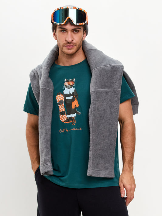 T-shirt imprimé bleu SNOWBOARD CAT