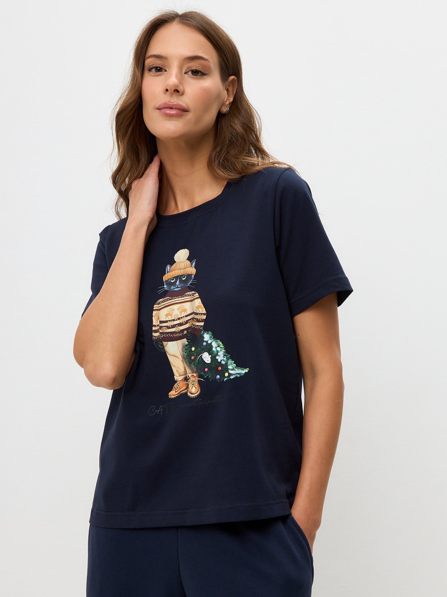 Blue Printed T-shirt CHRISTMAS CAT