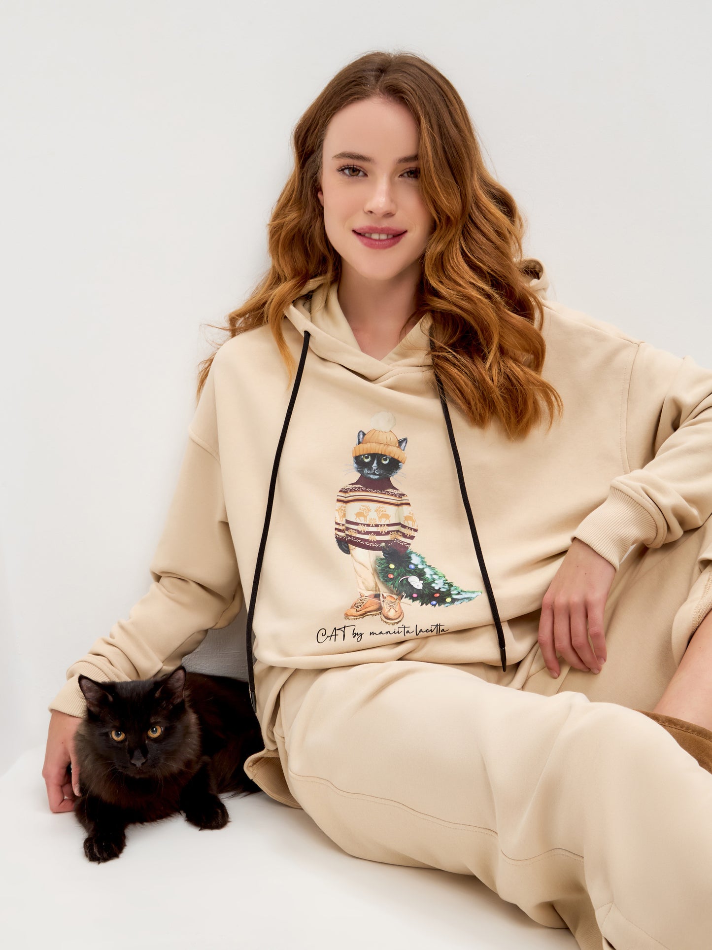 Christmas set: beige sports chic women's suit over-hoodie with Cat and culottes