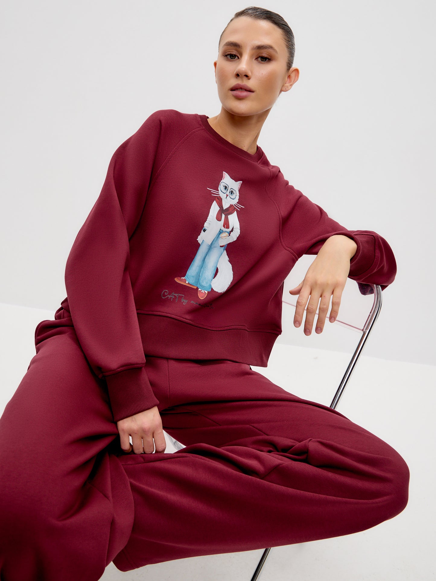 Burgundy Printed Sweatshirt COFFEE CAT