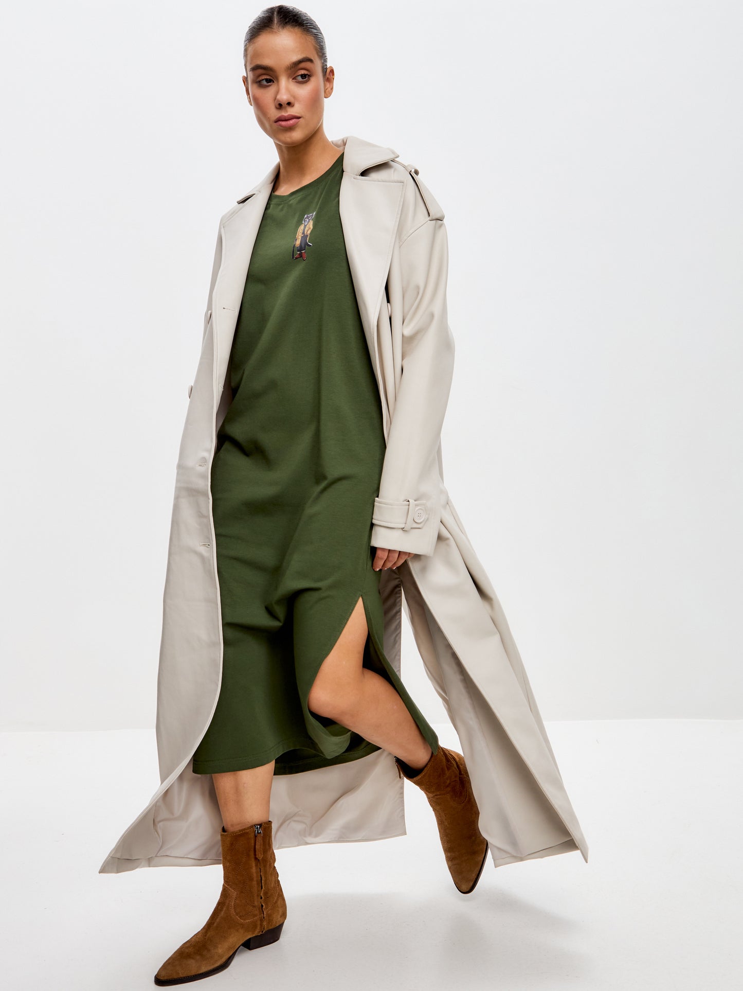 Khaki Printed Dress TRENCH COAT CAT