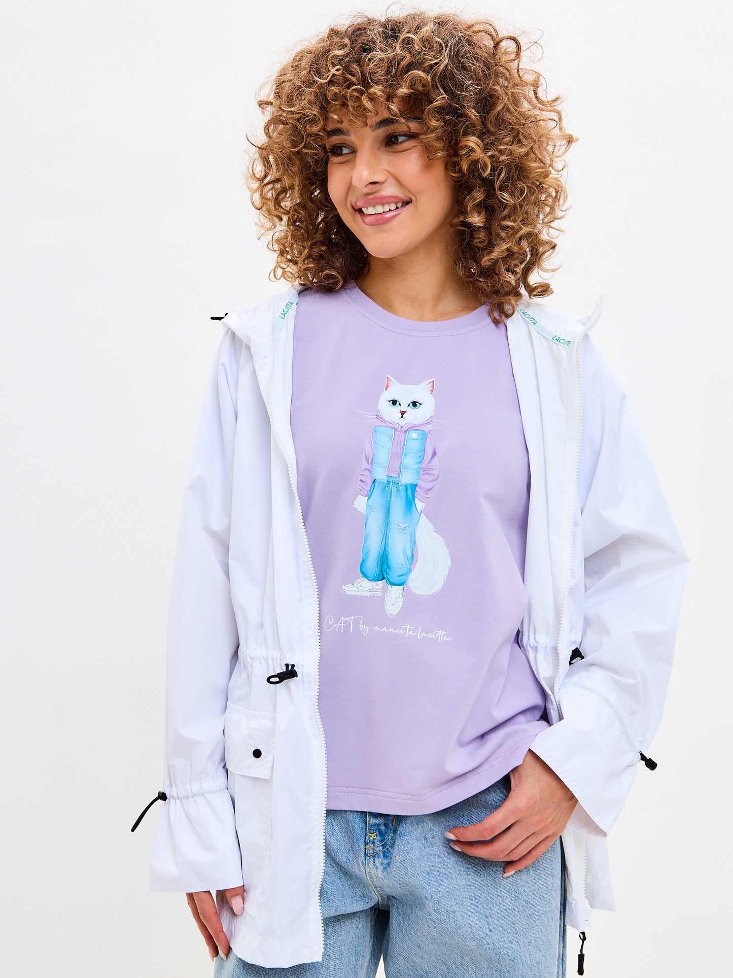 Purple Printed T-shirt WALKING CAT - XS / Purple / Regular - T-shirt