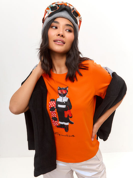 Orange Printed T-shirt SNOWBOARD CAT