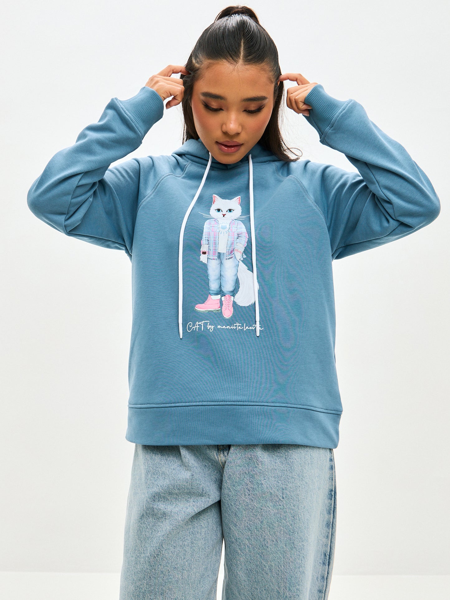 Blue Printed Hoodie WHITE COUNTRY CAT