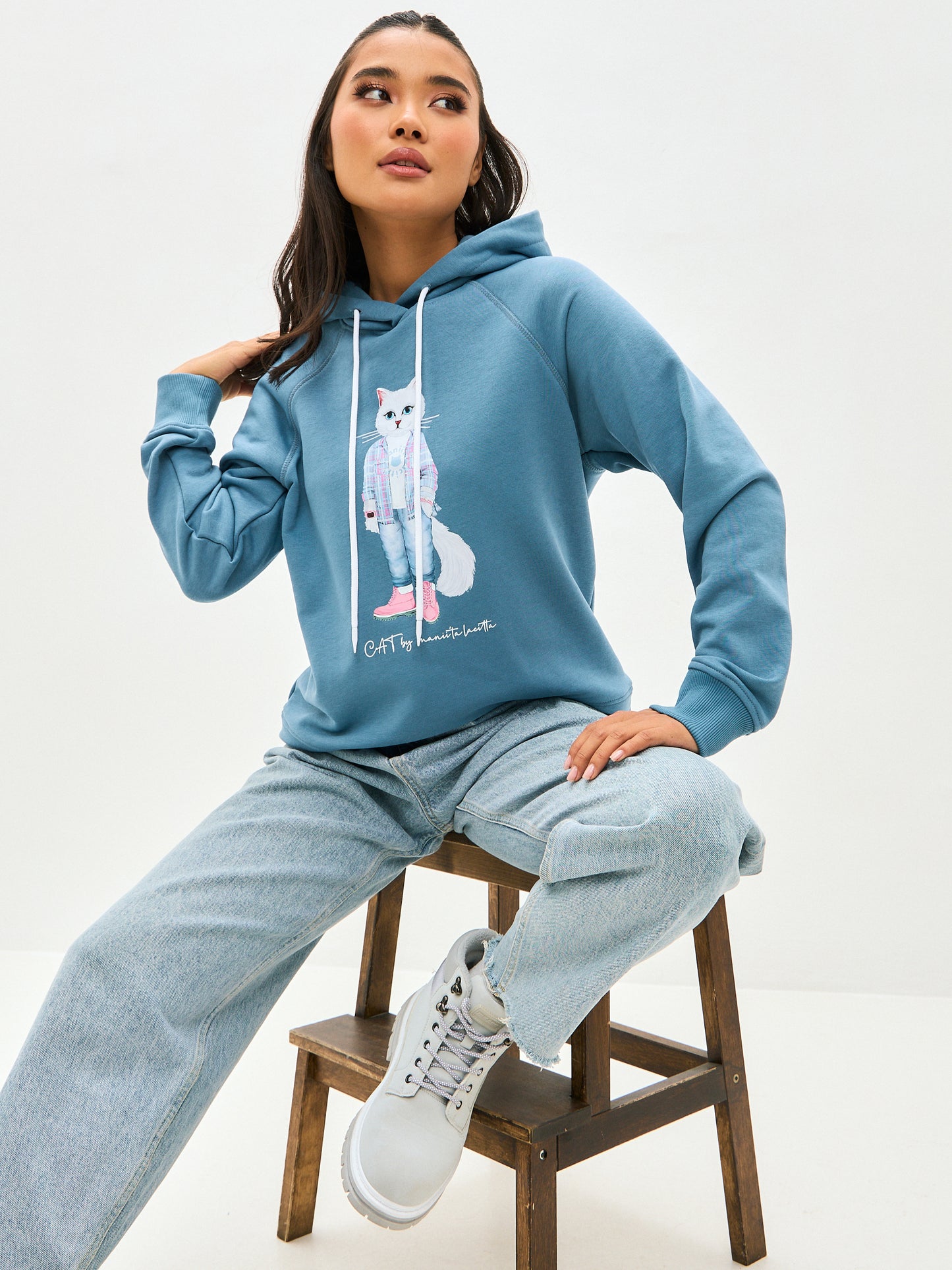 Blue Printed Hoodie WHITE COUNTRY CAT